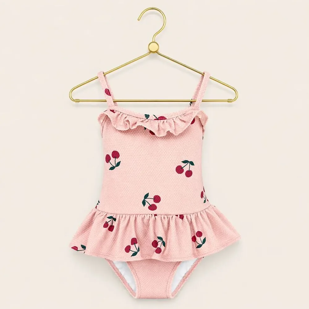 Kuling Girls One Piece Swimsuit Pink Cherry Ruffle Size 110/116 (Fits 3T-4T)